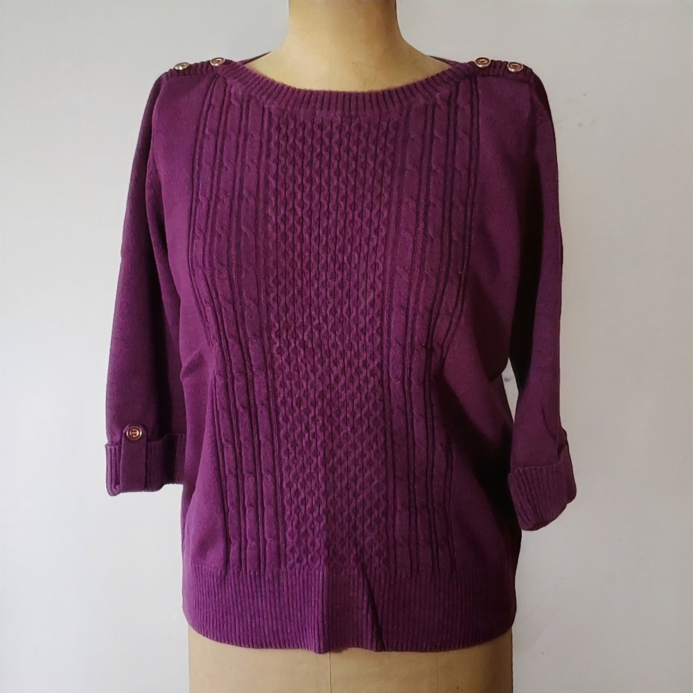 Karen Scott Size L Sweater Purple Pink Fushia Cording Enamel Buttons 3/4 Sleeve